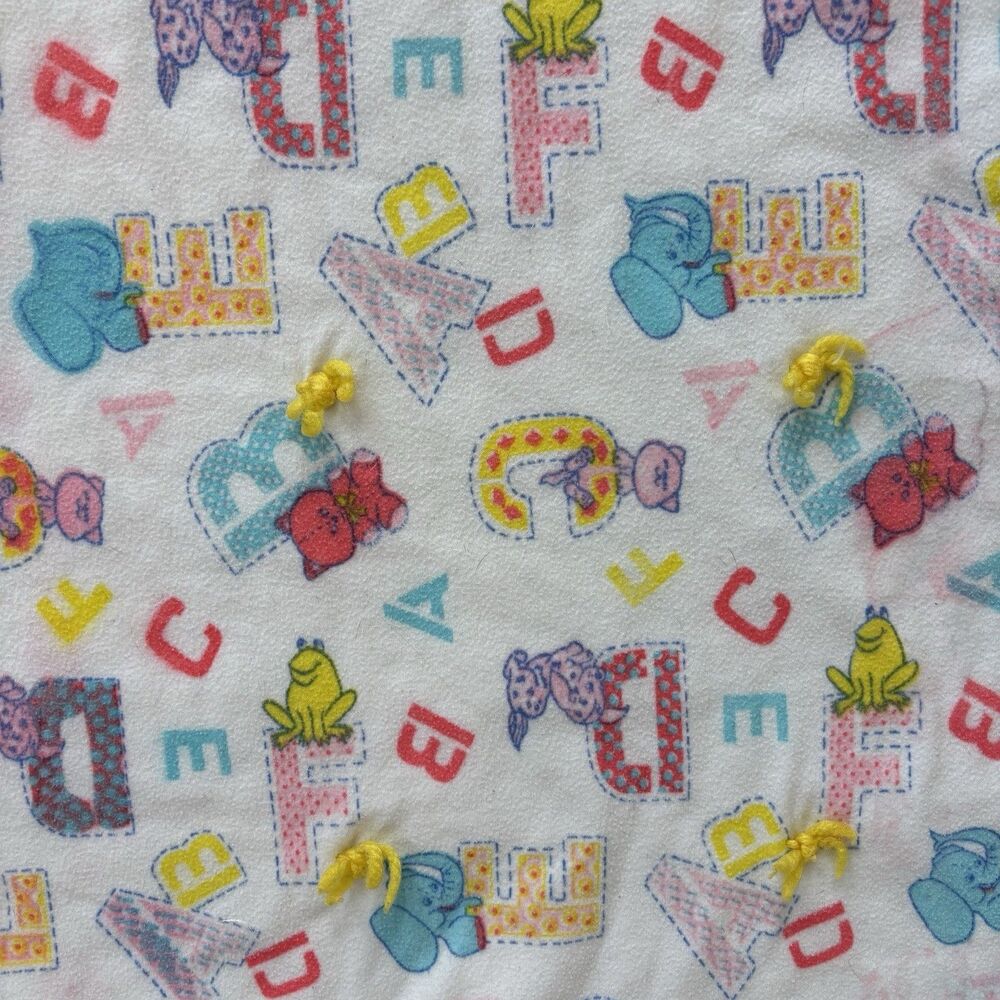 Vtg Baby Blanket Alphabet Nursery Animals 90s Fleece Handmade Cat Bear Elephant - Picture 2 of 11